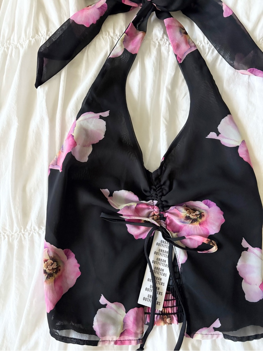 Black Halter Top with Pink Floral Print - Picture 2 of 7